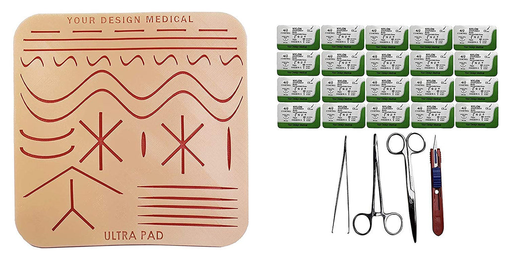 Extra Large Ultrapad 3-Layer Silicone Suture Pad w/ Wounds Suturing  Practice Kit -- with driver, pickup, scissor, blade & 24 sutures