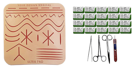 Extra Large Ultrapad 3-Layer Silicone Suture Pad w/ Wounds Suturing Practice Kit -- with driver, pickup, scissor, blade & 24 sutures
